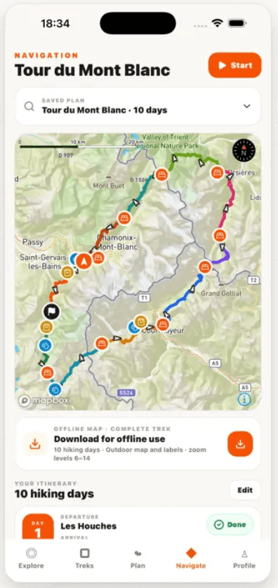 The Topok app showing a complete trek itinerary